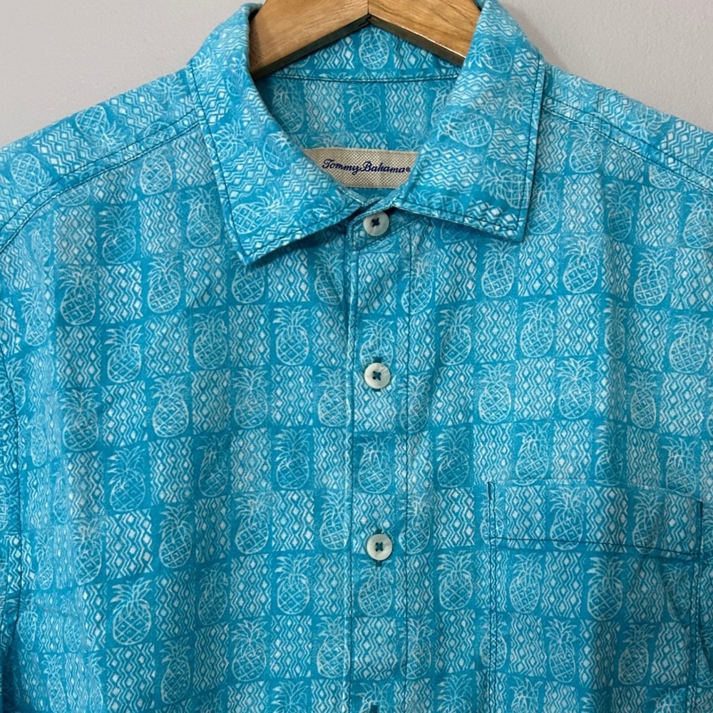 Tommy Bahama Shirt Mens M Blue Pineapple Linen Blend Short Sleeve Button Down